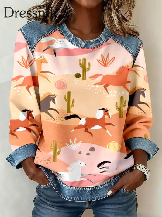 Damen Western Horse Kunstdruck Denim Patchwork Sweatshirt als bild / S