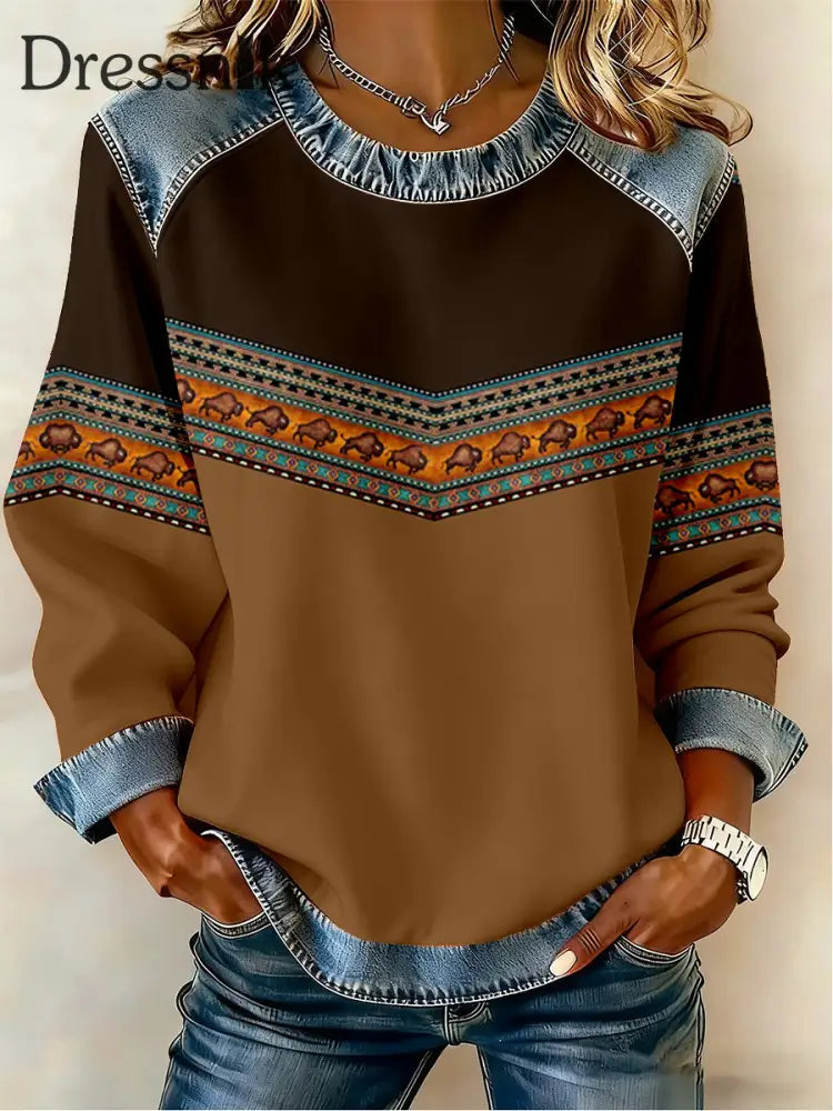 Damen-Western-Print-Denim-Patchwork-Top Braun / S