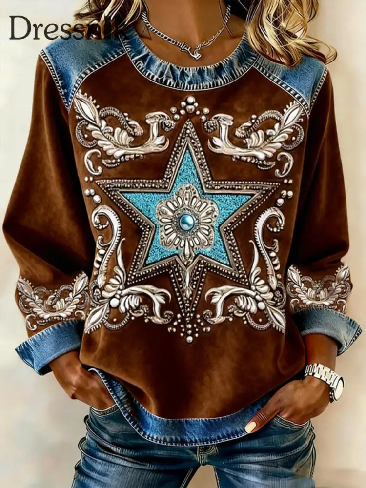 Damen-Western-Print-Denim-Patchwork-Top Dunkelbraun / S