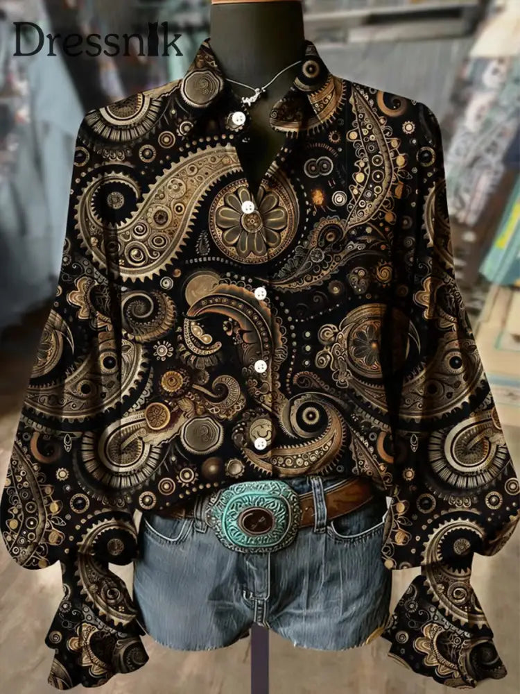 Damen Western Vintage Paisley Print Langarm Samt Hemd als bild / S