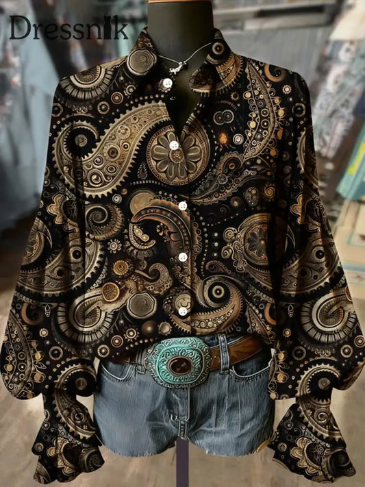 Damen Western Vintage Paisley Print Langarm Samt Hemd als bild / S