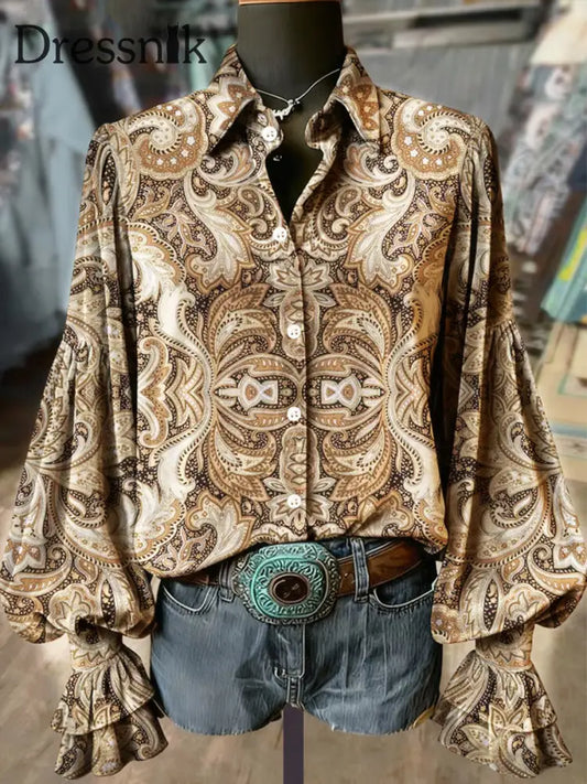 Damen Western Vintage Paisley Print Langarm Samt hemden als bild / S