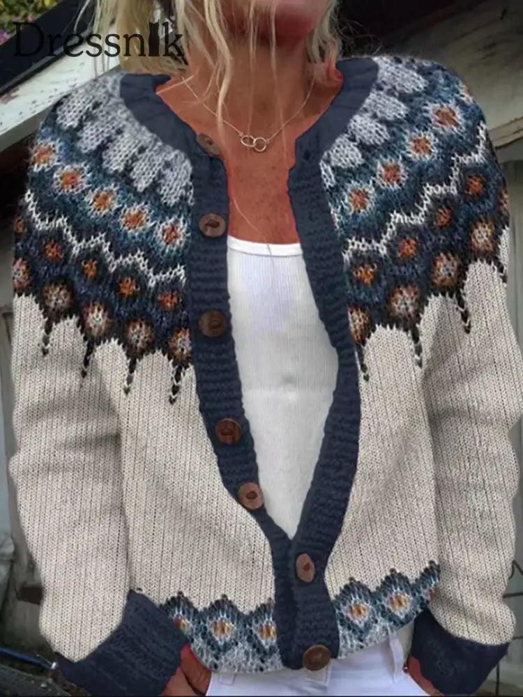 Damen-Winter-Isländischer Pullover mit rundem Hals lockerer Knopf klobiger Strickjacke als bild / S