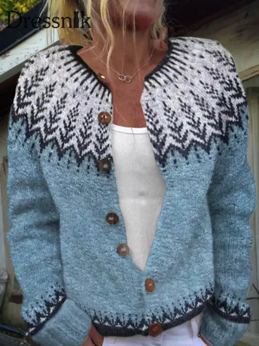 Damen-Winter-Isländischer Pullover mit rundem Hals lockerer Knopf klobiger Strickjacke blau / S