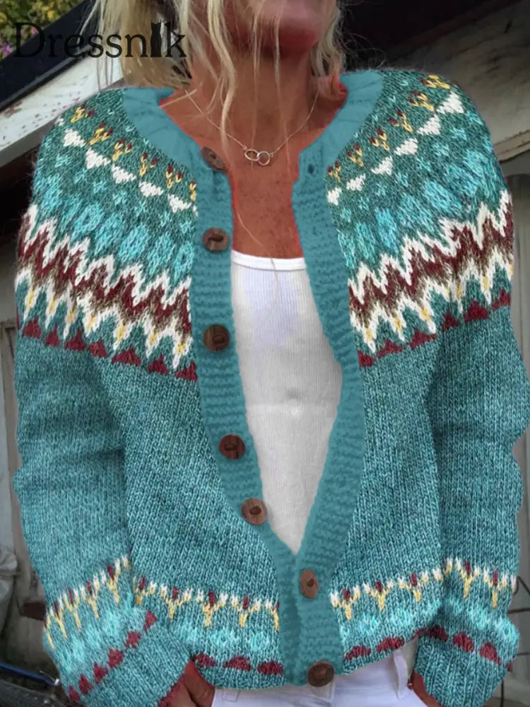 Damen-Winter-Isländischer Pullover mit rundem Hals lockerer Knopf klobiger Strickjacke Blau / S