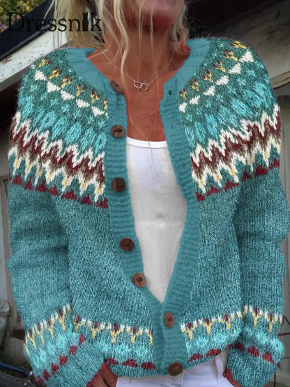 Damen-Winter-Isländischer Pullover mit rundem Hals lockerer Knopf klobiger Strickjacke Blau / S