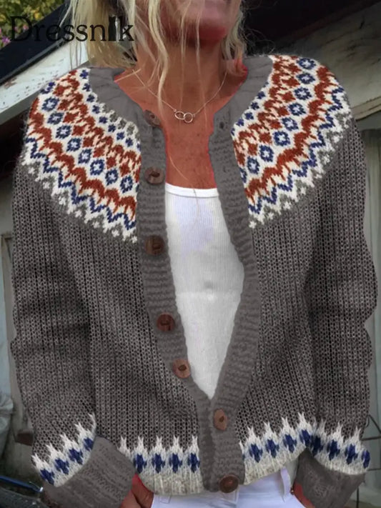 Damen-Winter-Isländischer Pullover mit rundem Hals lockerer Knopf klobiger Strickjacke Grau / S
