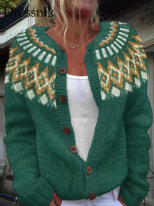Damen-Winter-Isländischer Pullover mit rundem Hals lockerer Knopf klobiger Strickjacke Grün / S