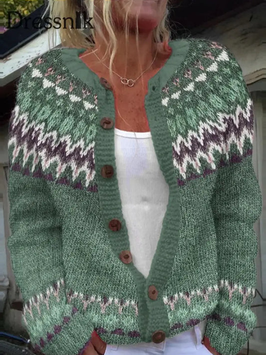Damen-Winter-Isländischer Pullover mit rundem Hals lockerer Knopf klobiger Strickjacke Grün / S