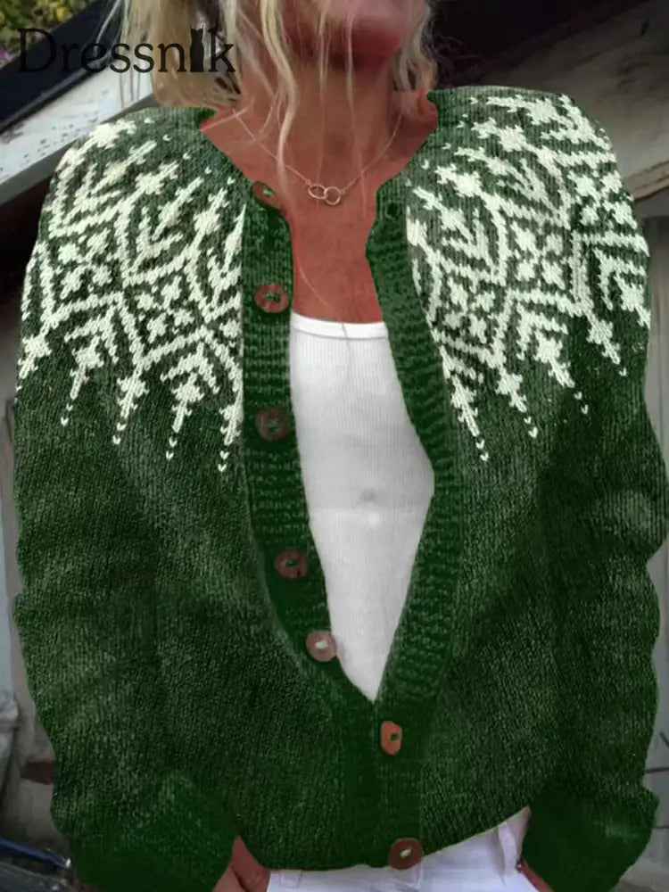 Damen-Winter-Isländischer Pullover mit rundem Hals lockerer Knopf klobiger Strickjacke Grün / S