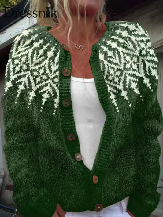 Damen-Winter-Isländischer Pullover mit rundem Hals lockerer Knopf klobiger Strickjacke Grün / S