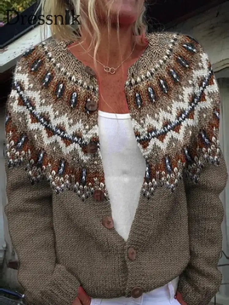 Damen-Winter-Isländischer Pullover mit rundem Hals lockerer Knopf klobiger Strickjacke Kaffee / S