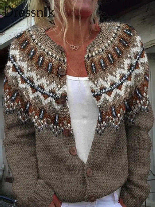Damen-Winter-Isländischer Pullover mit rundem Hals lockerer Knopf klobiger Strickjacke Kaffee / S