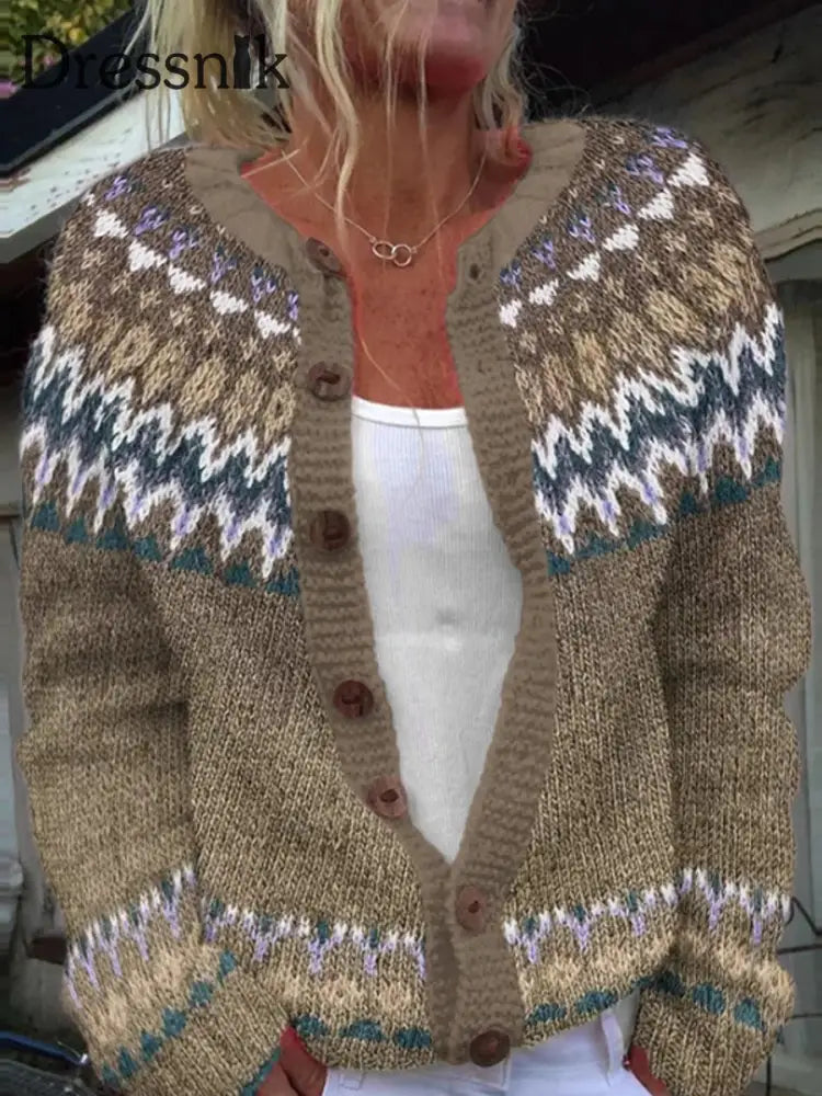 Damen-Winter-Isländischer Pullover mit rundem Hals lockerer Knopf klobiger Strickjacke Khaki / S