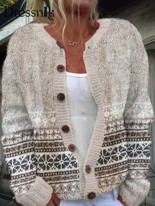 Damen Winter Isländischer Pullover mit rundem Hals lose Knopf Strickjacke Khaki / S
