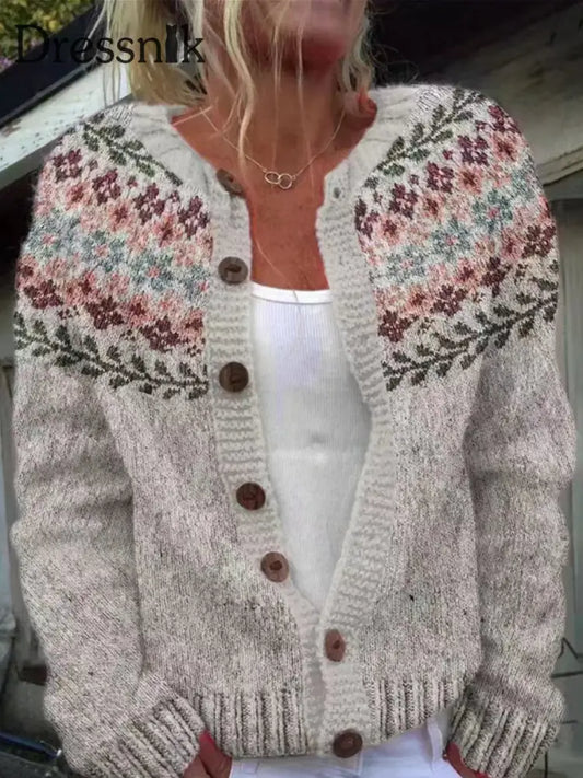Damen Winter Isländischer Pullover mit rundem Hals lose Knopf Strickjacke Khaki / S