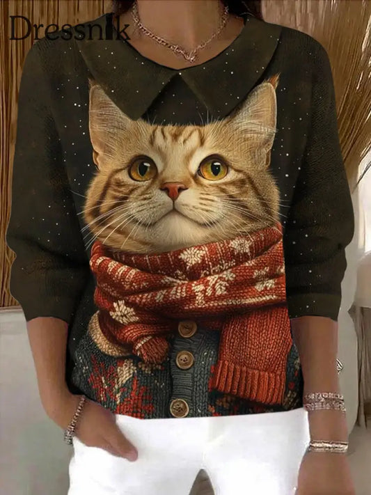 Damen Winter Katze Kunstdruck Pullover als bild / S