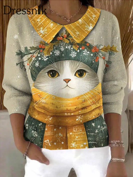 Damen Winter Katze Kunstdruck Pullover als bild / S