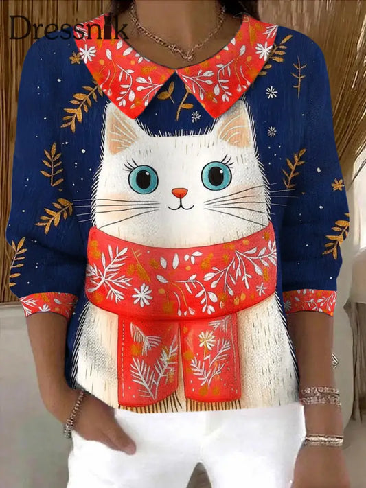 Damen Winter Katze Kunstdruck Pullover als bild / S