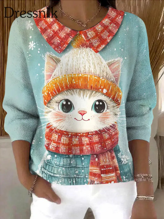 Damen Winter Katze Kunstdruck Pullover als bild / S