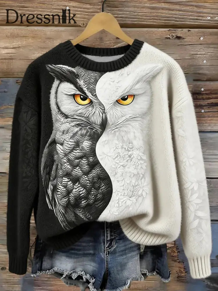 Damen Winter Wald Eule Rundhals Strick pullover als bild / S