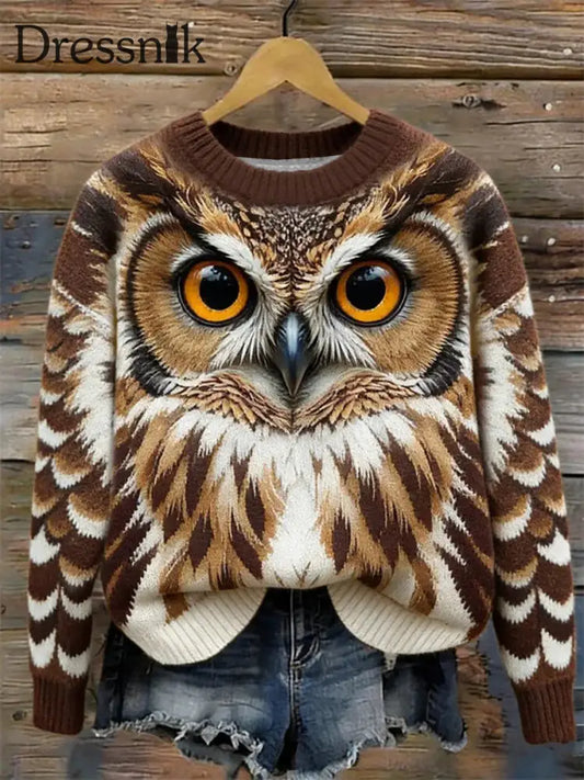 Damen Winter Wald Eule Rundhals Strick pullover als bild / S