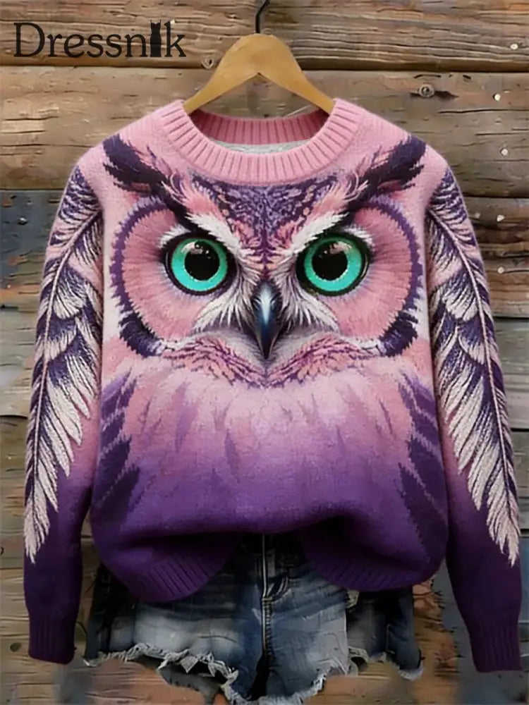 Damen Winter Wald Eule Rundhals Strick pullover als bild / S