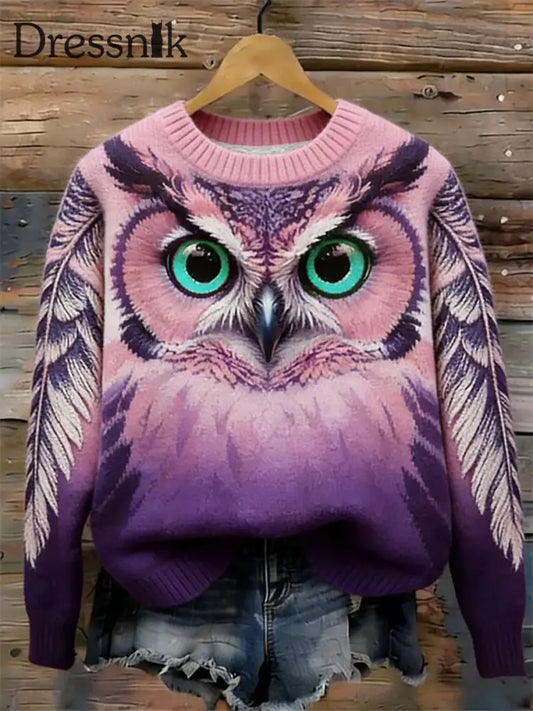 Damen Winter Wald Eule Rundhals Strick pullover als bild / S