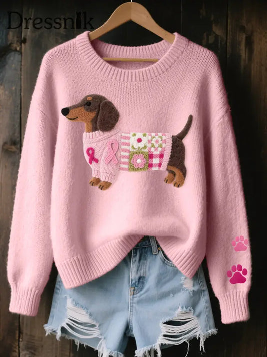 Damen Wollfilz Kunst Dackel Muster Gemütliche Strick pullover Rosa / S