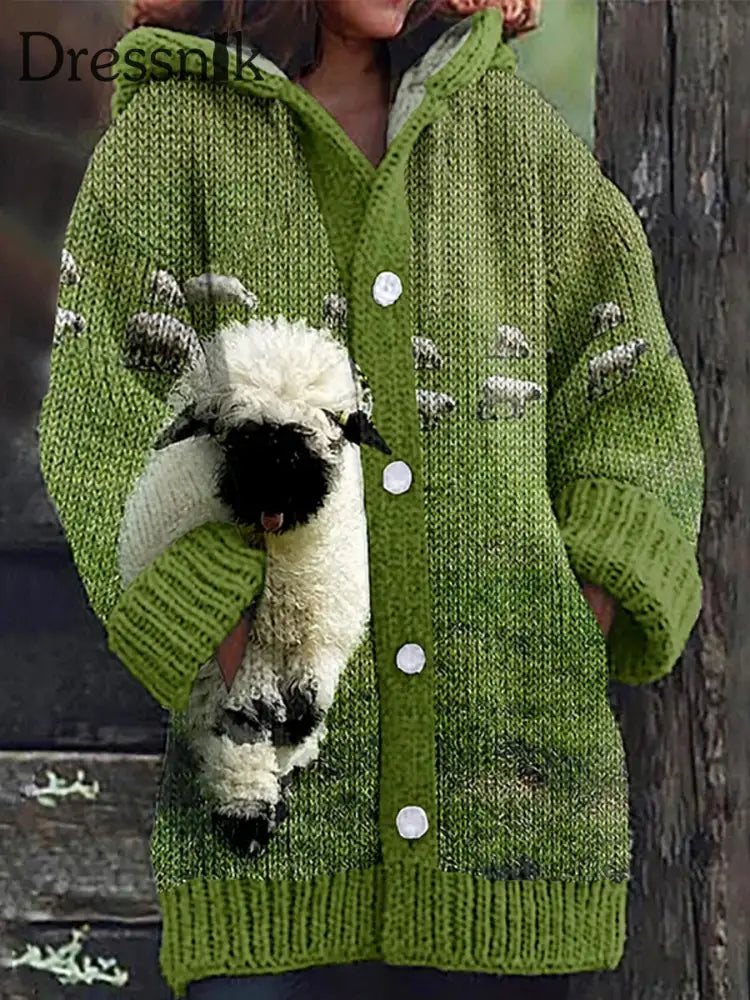 Damenmode Elegante Tier Kunst Lamm Druck Knopf Dick Lang Ärmelig Kapuzen Strickjacke A / S