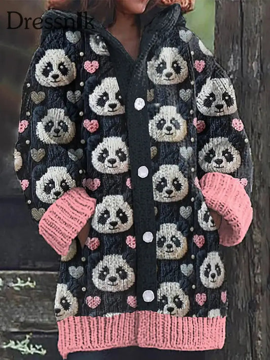 Damenmode Elegante Tier Kunst Panda Print Knopf Dick Lang Ärmelig Kapuzen Strickjacke A / S