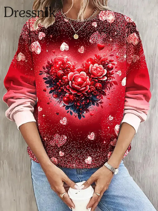 Damenmode Eleganter Valentinstag-Liebes-Kunst-Druck Rundhals-Pullover Mit Langen Ärmeln A / S