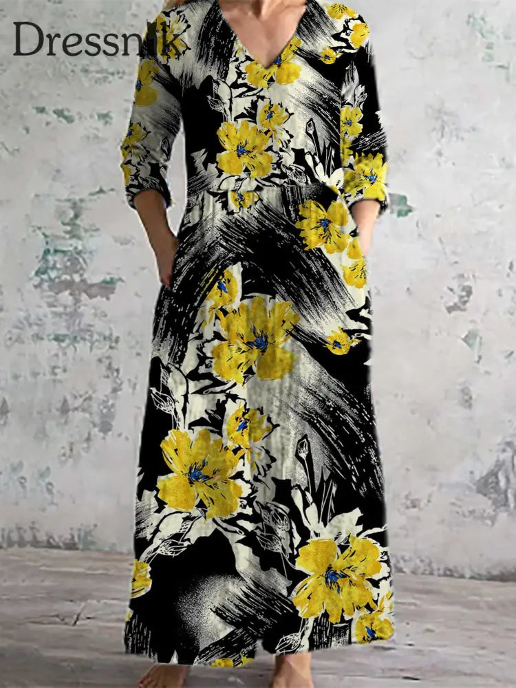 Damenmode Elegantes Künstlerisches Blumen Druck Dreiviertel Ärmel Iges Maxi Kleid Mit