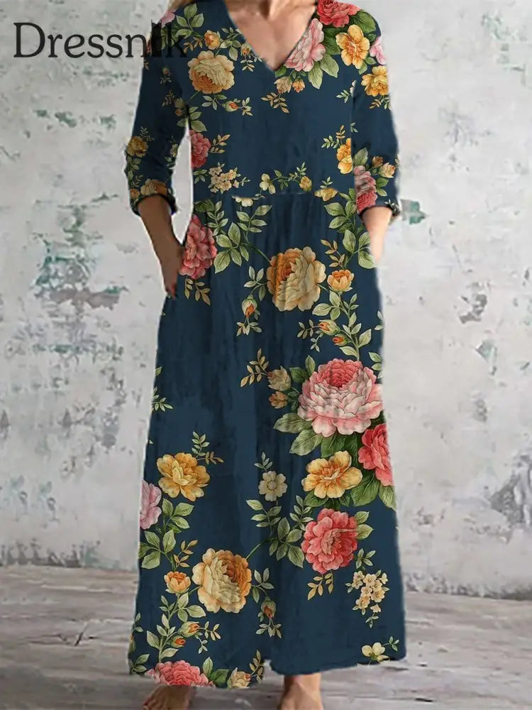 Damenmode Elegantes Künstlerisches Blumen Druck Dreiviertel Ärmel Iges Maxi Kleid Mit