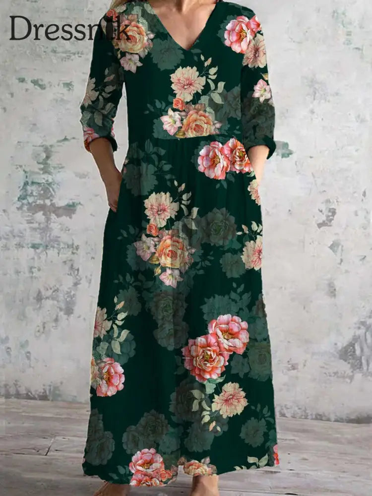 Damenmode Elegantes Künstlerisches Blumen Druck V-Ausschnitt Lang Ärmel Iges Maxi Kleid A / S