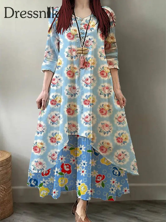 Damenmode Kunst Blumen Druck V-Ausschnitt Knopf Dreiviertel-Ärmel Maxi Kleid A / S