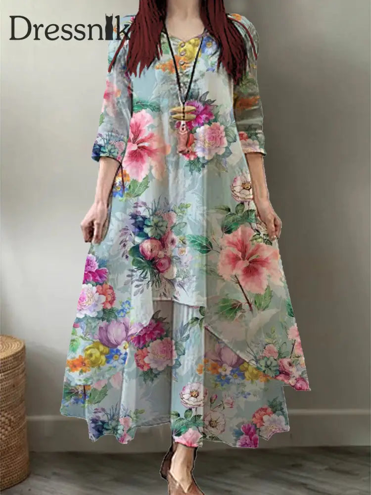 Damenmode Kunst Blumen Druck V-Ausschnitt Knopf Dreiviertel-Ärmel Maxi Kleid A / S