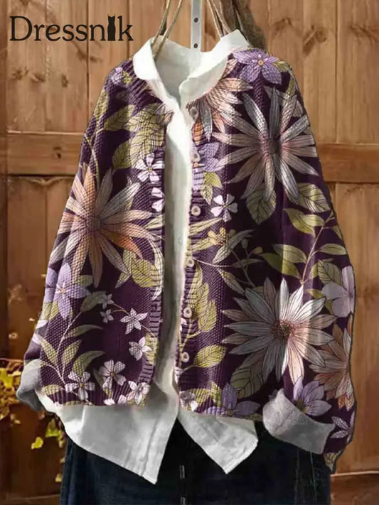 Damenmode Und Elegante Kunst Blumen Druck Rundhals Langarm-Strickjacke A / S