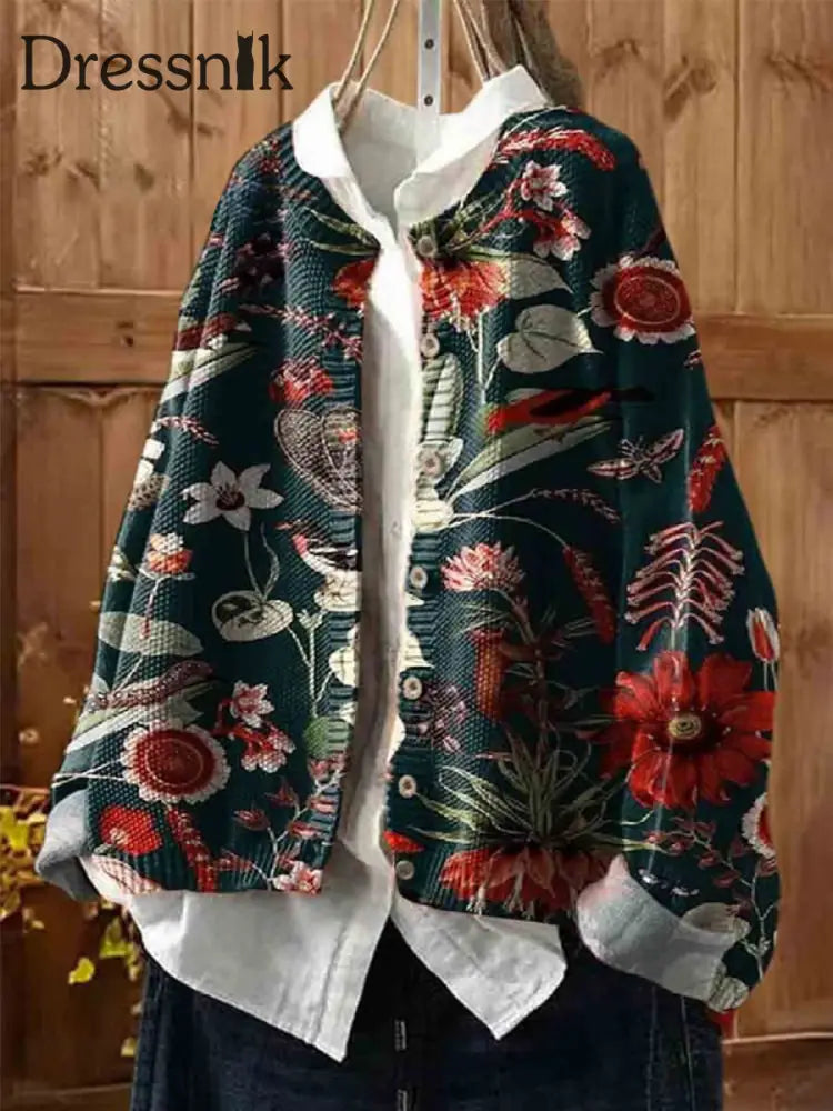 Damenmode Und Elegante Kunst Blumen Druck Rundhals Langarm-Strickjacke A / S