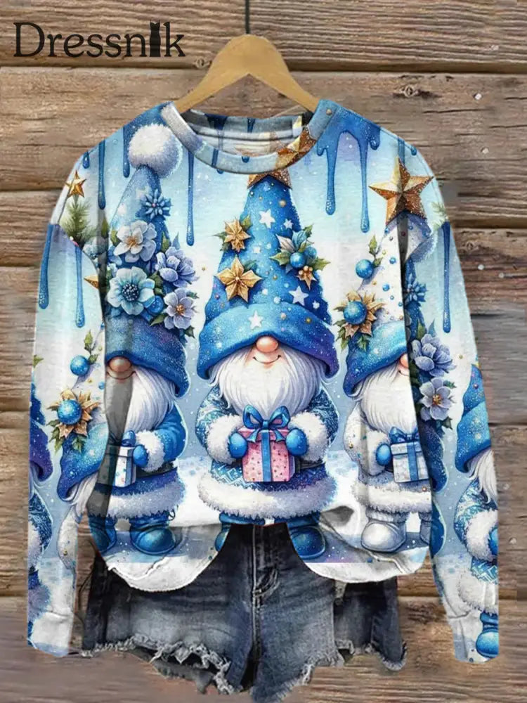 Damenmode Und Elegantes Weihnachtskunst-Kunstdruck-Rundhals-Pullover-Top Mit Langen Ärmeln A / S