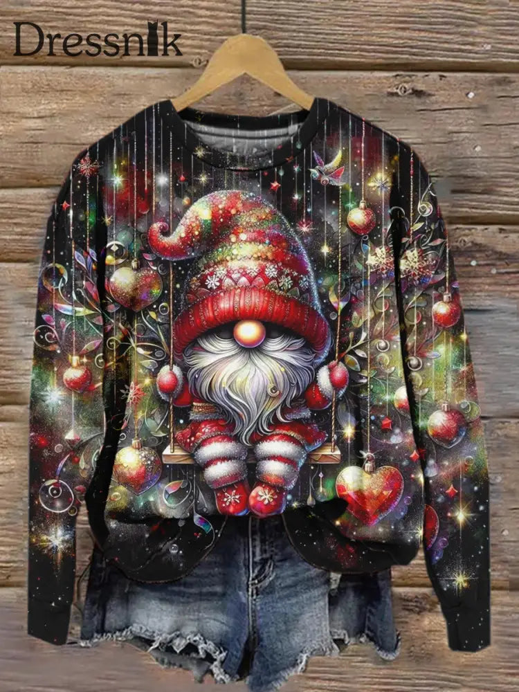 Damenmode Und Elegantes Weihnachtskunst-Kunstdruck-Rundhals-Pullover-Top Mit Langen Ärmeln A / S