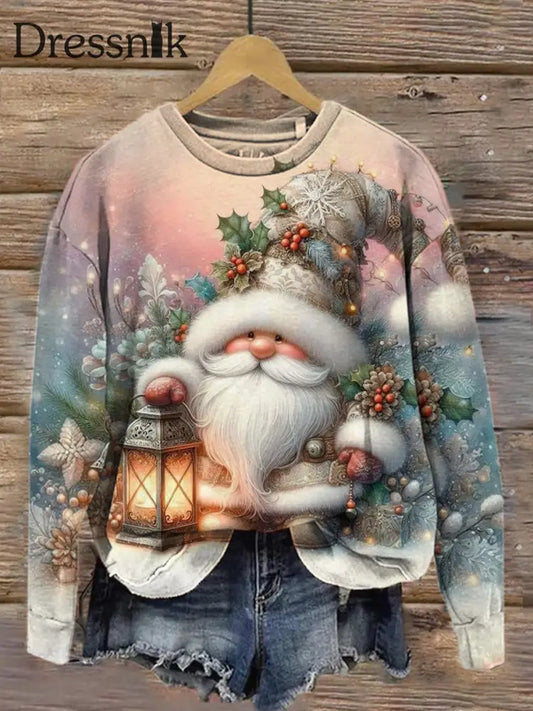 Damenmode Und Elegantes Weihnachtskunst-Kunstdruck-Rundhals-Pullover-Top Mit Langen Ärmeln A / S