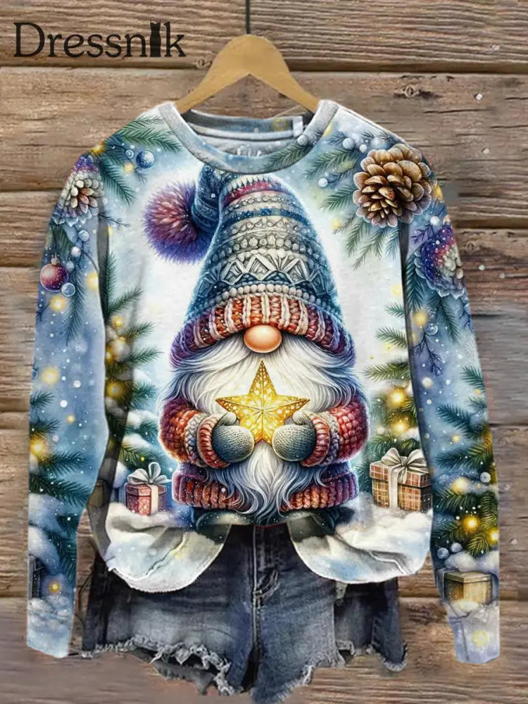 Damenmode Und Elegantes Weihnachtskunst-Kunstdruck-Rundhals-Pullover-Top Mit Langen Ärmeln A / S