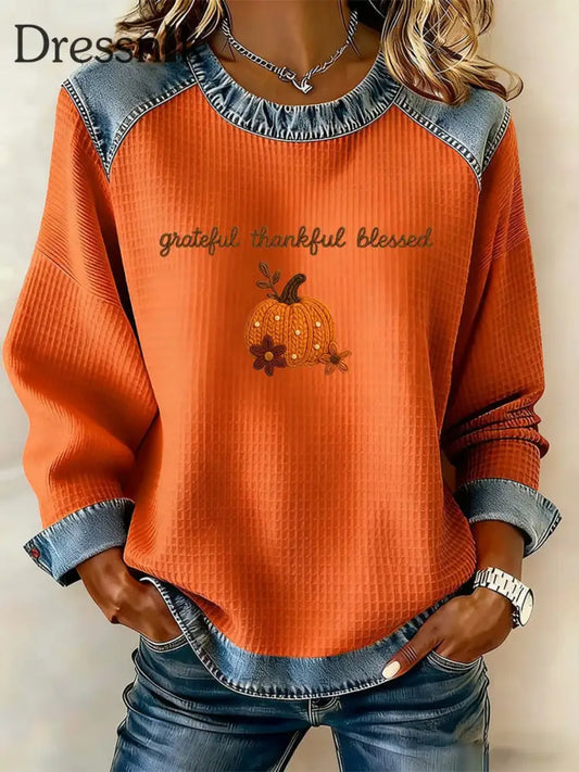 Dankbare dankbare und gesegnete Thanksgiving-Druck oberteil für Frauen Orange / S