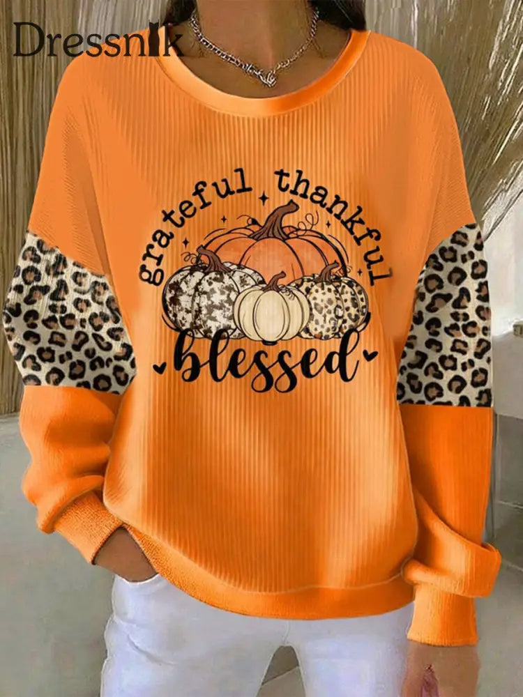 Dankbare und gesegnete Thanksgiving-Sweatshirt mit Rundhals ausschnitt für Frauen Orange / S