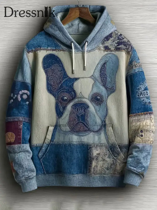 Denim Dog Print Kunst Casual Hoodie als bild / S