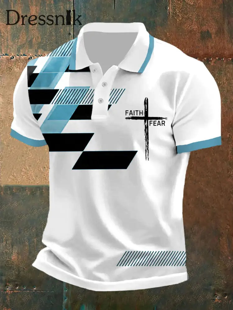 Der Glaube der Männer über die Angst Kreuz Glaube Geometrischer Druck Casual Polo Blau / S