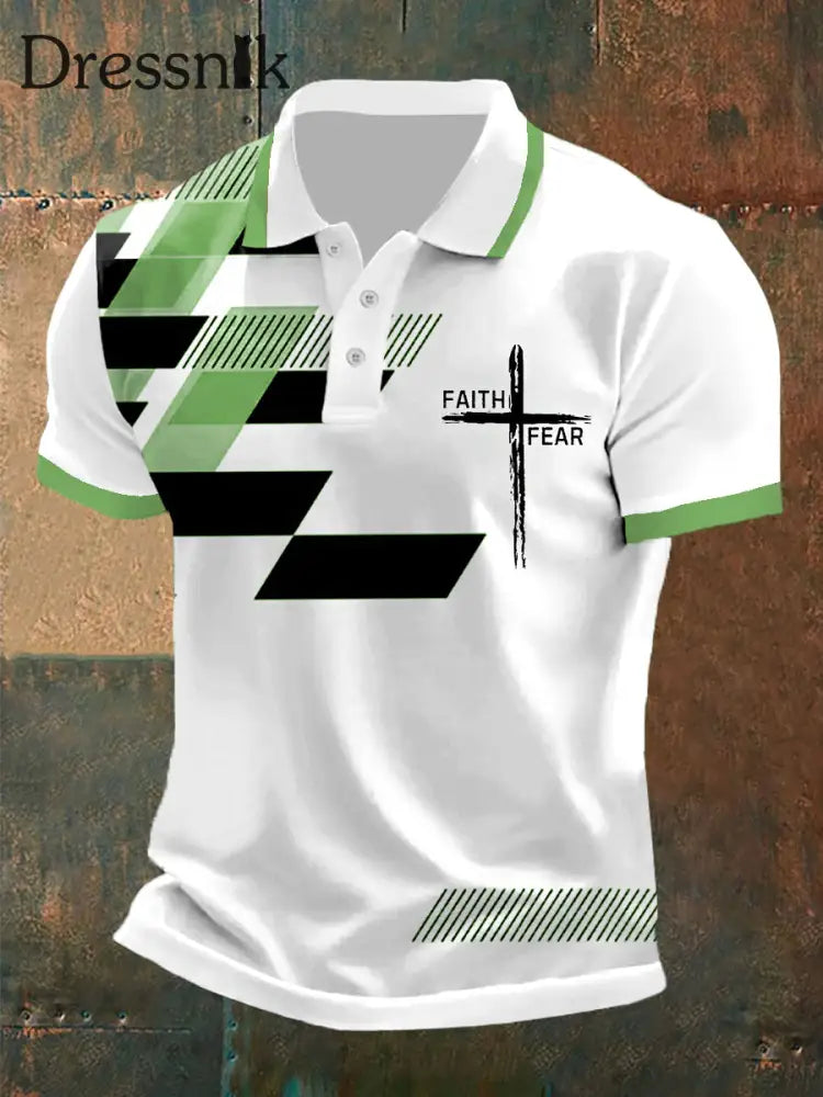 Der Glaube der Männer über die Angst Kreuz Glaube Geometrischer Druck Casual Polo Grün / S