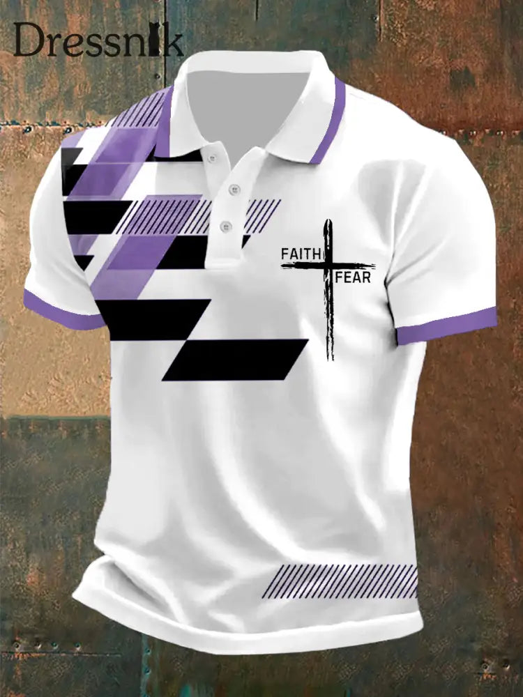 Der Glaube der Männer über die Angst Kreuz Glaube Geometrischer Druck Casual Polo Lila / S