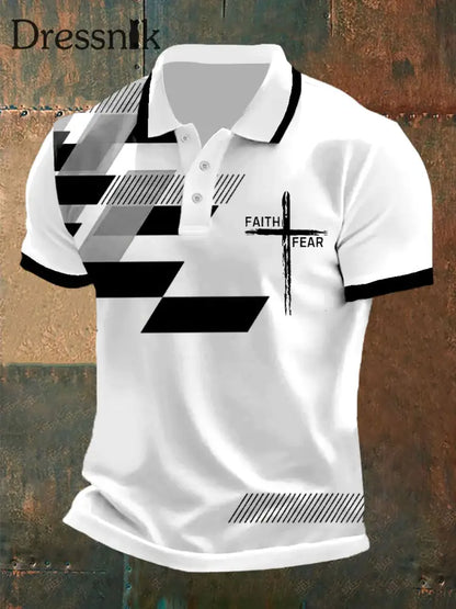 Der Glaube der Männer über die Angst Kreuz Glaube Geometrischer Druck Casual Polo Schwarz / S